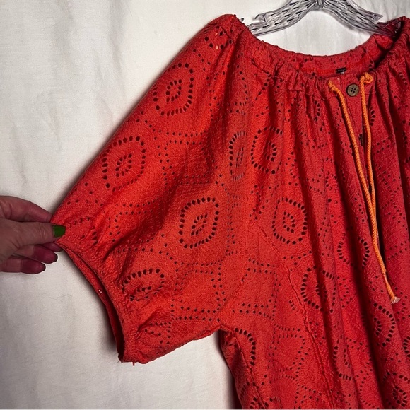 Free People | Orange Eyelet Button Front Puff Sleeve Top, Medium - Picture 4 of 9